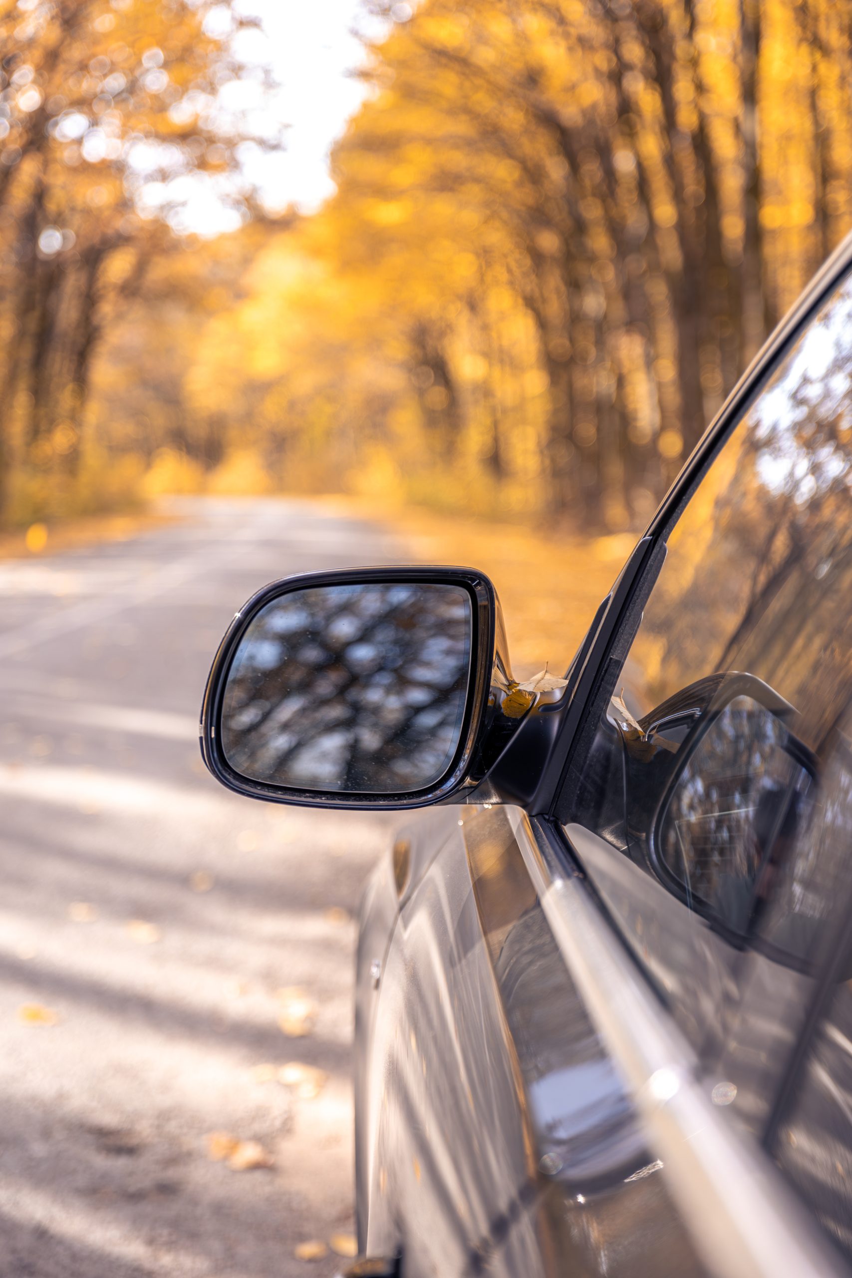 Rear view side mirror of a car. Seen through the rear view mirror. High quality photo. Travel concept. The car and the mirror. Road trip. Autumn is the season. Autumn leaves.